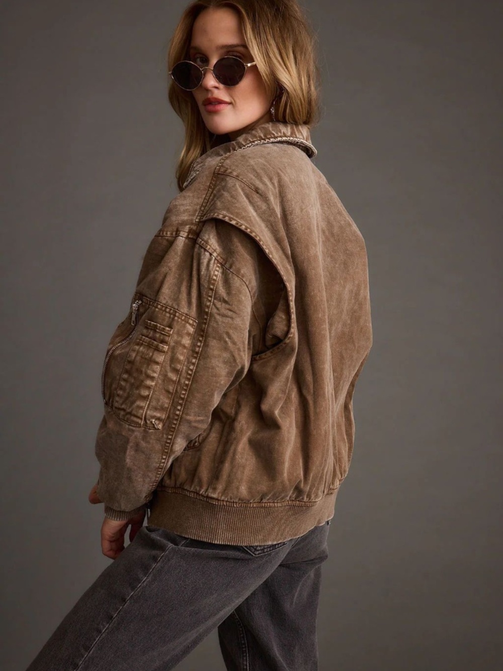 12th Tribe Sawyer Washed Brown Oversized Bomber Jacket